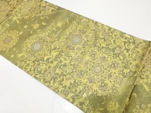 青銅彫金　華紋に鳳凰・唐花模様織り出し　袋帯